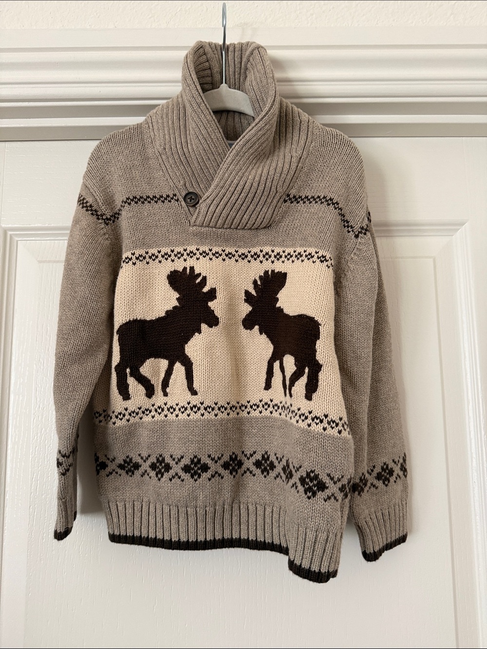 Boy’s Shawl Collar Moose Knit Sweater - Beige